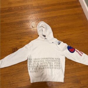 Champion White Logo Hoodie | Size M | Graphic Print Pullover Sweats